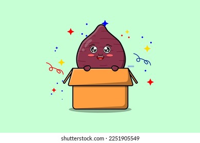 Cute cartoon Sweet potato character coming out from box flat style cartoon vector icon illustration