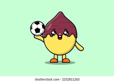 Cute cartoon Sweet potato character playing football in flat cartoon style illustration