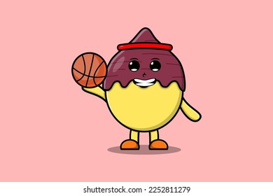 Cute cartoon Sweet potato character playing basketball in flat modern style design illustration