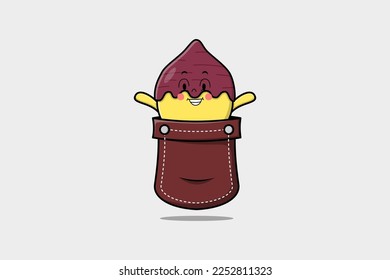 Cute cartoon Sweet potato character coming out from pocket look so happy