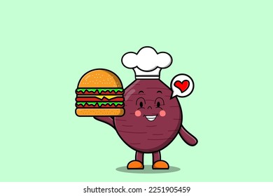 Cute cartoon Sweet potato chef character holding burger in flat cartoon style illustration