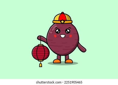 Cute cartoon Sweet potato chinese character holding lantern in vector icon illustration