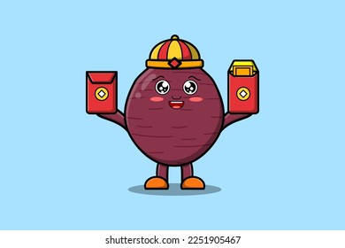Cute cartoon Sweet potato chinese character holding red packets vector icon illustration
