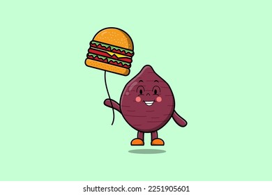 Cute cartoon Sweet potato floating with burger balloon in flat cartoon vector icon illustration