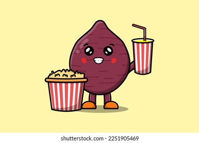Cute cartoon Sweet potato with popcorn and drink ready to watching film in cinema