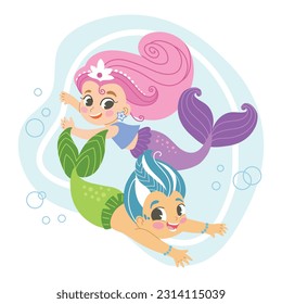 Cute cartoon swimming boy and girl mermaids friends. Vector cartoon isolated illustration in flat style. White background. For print, design, poster, sticker, card, decoration and t shirt design