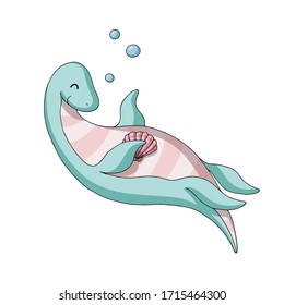 Cute cartoon swimming dinosaur with a shell. Gentle turquoise and pink pastel colors. Vector illustration. Isolated object on white background. Decor element for kids products.