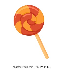 Cute cartoon swirl lollipop in orange and red colors. Sweet dessert in flat vector style.