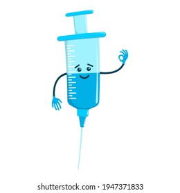 Cute cartoon syringe character smiles and shows OK gesture. Medical instrument in childish style isolated on white background. Medicine or vaccination theme for kids. Vector illustration.