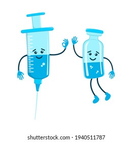 Cute cartoon syringe and vaccine characters isolated on white background. Medicine or vaccination theme for kids. Vector illustration.