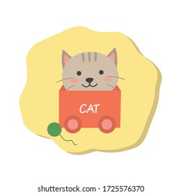 Cute cartoon Tabby cat is inside the car toys with green ball In font of it. Concept of a playful cat. Kawaii style.