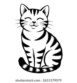 A cute cartoon tabby cat sitting and smiling. Simple black and white line art of a domestic pet. Ideal for coloring books, pet shop logos, or children's designs.