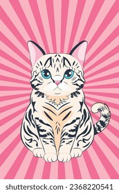 Cute cartoon tabby white cat with blue eyes.
