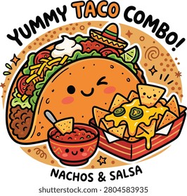 Cute cartoon taco combo illustration with nachos and salsa tex mex cheerful illustration character culinary restaurant appetizer delicious inviting colorful snacking snacktime cravings