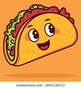 Cute Cartoon Taco with Smiling Face on Orange Background.