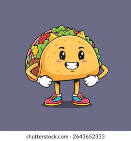 A cute cartoon taco with a smiling face, arms, and legs is standing.