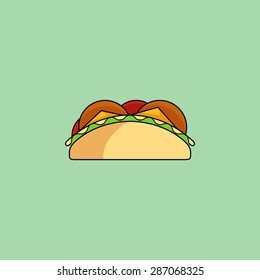 Cute cartoon tacos. Burrito with salad, tomatoes, cutlet, cheese.Minimalist line style, modern color, flat design. Mexican food thin line icon for web, mobile. Vector illustration, eps10
