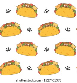 Cute cartoon tacos with vegetables and cats funny seamless vector pattern background illustration