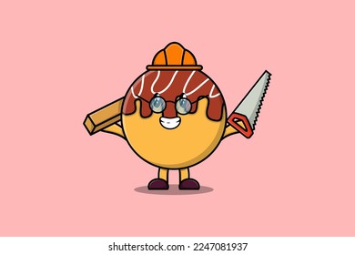 Cute cartoon Takoyaki as carpenter character with saw and wood in flat modern style design