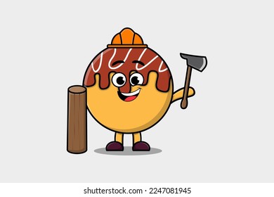 Cute cartoon Takoyaki as carpenter character with ax and wood in flat modern style