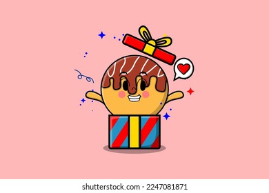 Cute cartoon Takoyaki character coming out from big gift box look so happy flat cartoon style
