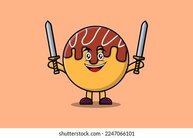 Cute cartoon Takoyaki character holding two sword in 3d modern design illustration