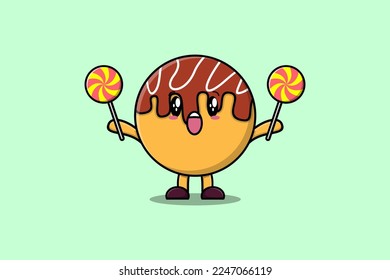 Cute cartoon Takoyaki character holding lollipop candy in flat cartoon illustration