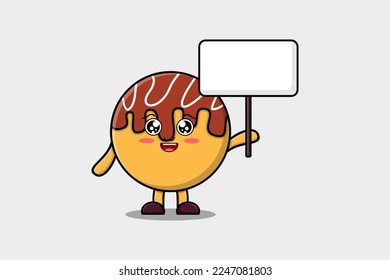 Cute cartoon Takoyaki character holding blank board in vector flat cartoon style illustration