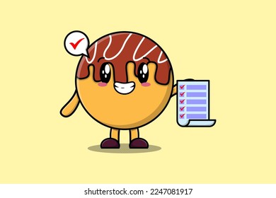 Cute cartoon Takoyaki character holding checklist note in concept flat cartoon style