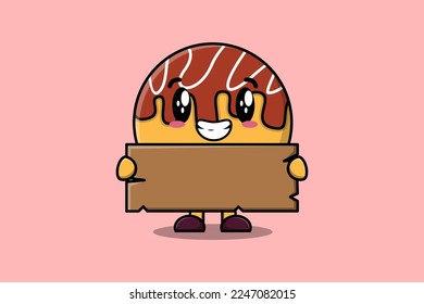 Cute cartoon Takoyaki character holding blank wooden text board vector icon illustration