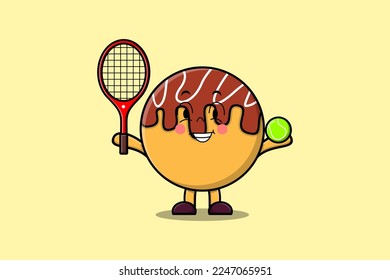 Cute cartoon Takoyaki character playing tennis field in flat cartoon style illustration