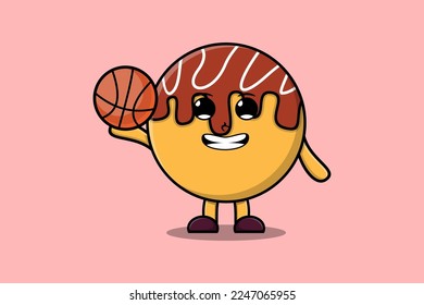 Cute cartoon Takoyaki character playing bowling in flat modern style design illustration