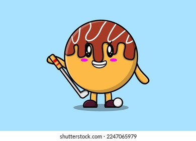Cute cartoon Takoyaki character playing golf in concept flat cartoon style illustration
