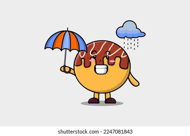Cute cartoon Takoyaki character in the rain and using an umbrella in flat modern style design