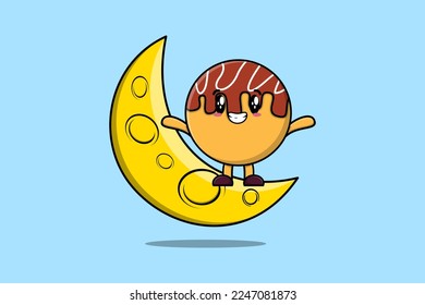 Cute cartoon Takoyaki character standing on the crescent moon in 3d modern design illustration