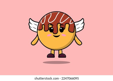 Cute cartoon Takoyaki character wearing wings in modern style design illustration
