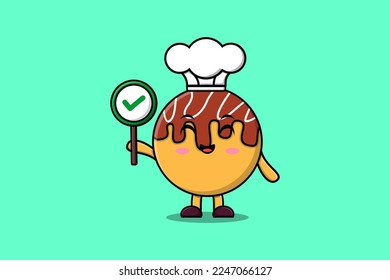 Cute cartoon Takoyaki chef character holding correct sign board in vector character illustration