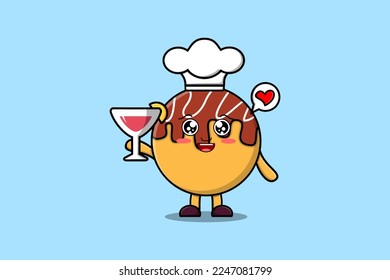 Cute cartoon Takoyaki chef character holding wine glass flat cartoon style illustration