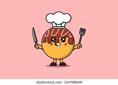 Cute cartoon Takoyaki chef character holding knife and fork in flat cartoon style illustration
