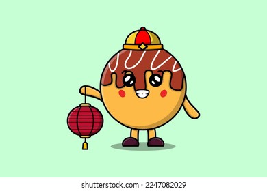 Cute cartoon Takoyaki chinese character holding lantern in vector icon illustration