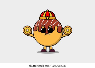 Cute cartoon Takoyaki chinese character holding coin in vector icon illustration