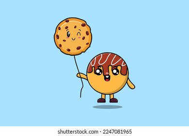 Cute cartoon Takoyaki floating with biscuits balloon in flat cartoon vector icon illustration