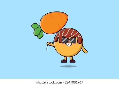 Cute cartoon Takoyaki floating with carrot balloon in flat cartoon vector icon illustration