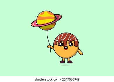 Cute cartoon Takoyaki floating with planet balloon cartoon vector illustration