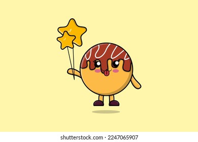 Cute cartoon Takoyaki floating with star balloon cartoon vector illustration