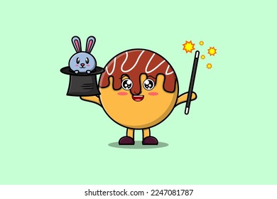 cute cartoon Takoyaki magician character with bunny character coming out from magic hat