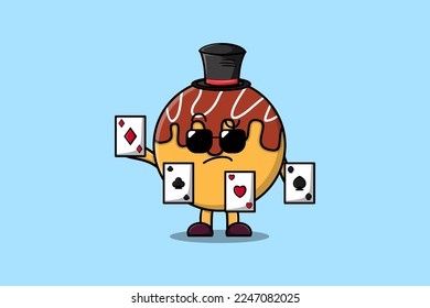 Cute cartoon Takoyaki magician character playing magic cards in flat cartoon style illustration