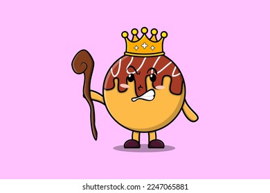 Cute cartoon Takoyaki mascot as wise king with golden crown and wooden stick illustration