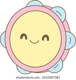 A cute cartoon tambourine with pastel pink and blue tones, smiling face, and soft rounded shapes. Perfect for clowncore-themed clipart, kids’ party designs, musical illustrations.