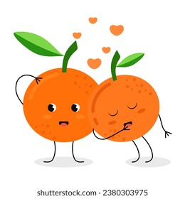 Cute cartoon tangerines hug each other and talk about their feelings. Vector flat illustration isolated on white background.